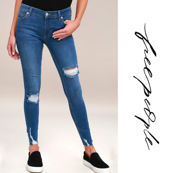 Free People Denim - Free People Shark Bite Jeans Distressed Skinny Stretch Denim Cropped Blue Sz 26